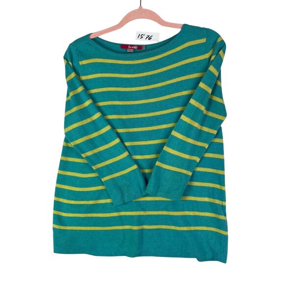 Boden Sweater Womens 6 Green Yellow Striped Boat Neck Cashmere Angora - Picture 4 of 12